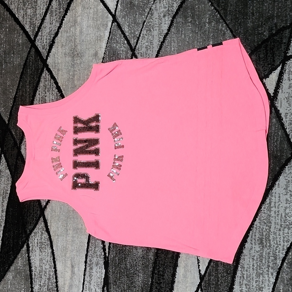 VS PINK 2016 CAMPUS FIT SEQUINS SILVER SHINE LOGO TANK TOP